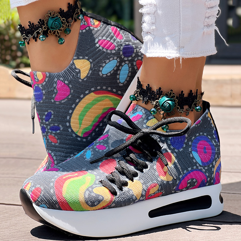 Women's Random Print Side Lace-Up Elastic Sport Shoes, Comfortable Slip-On Sneakers For Women, Casual Daily Wear Footwear — foto 17