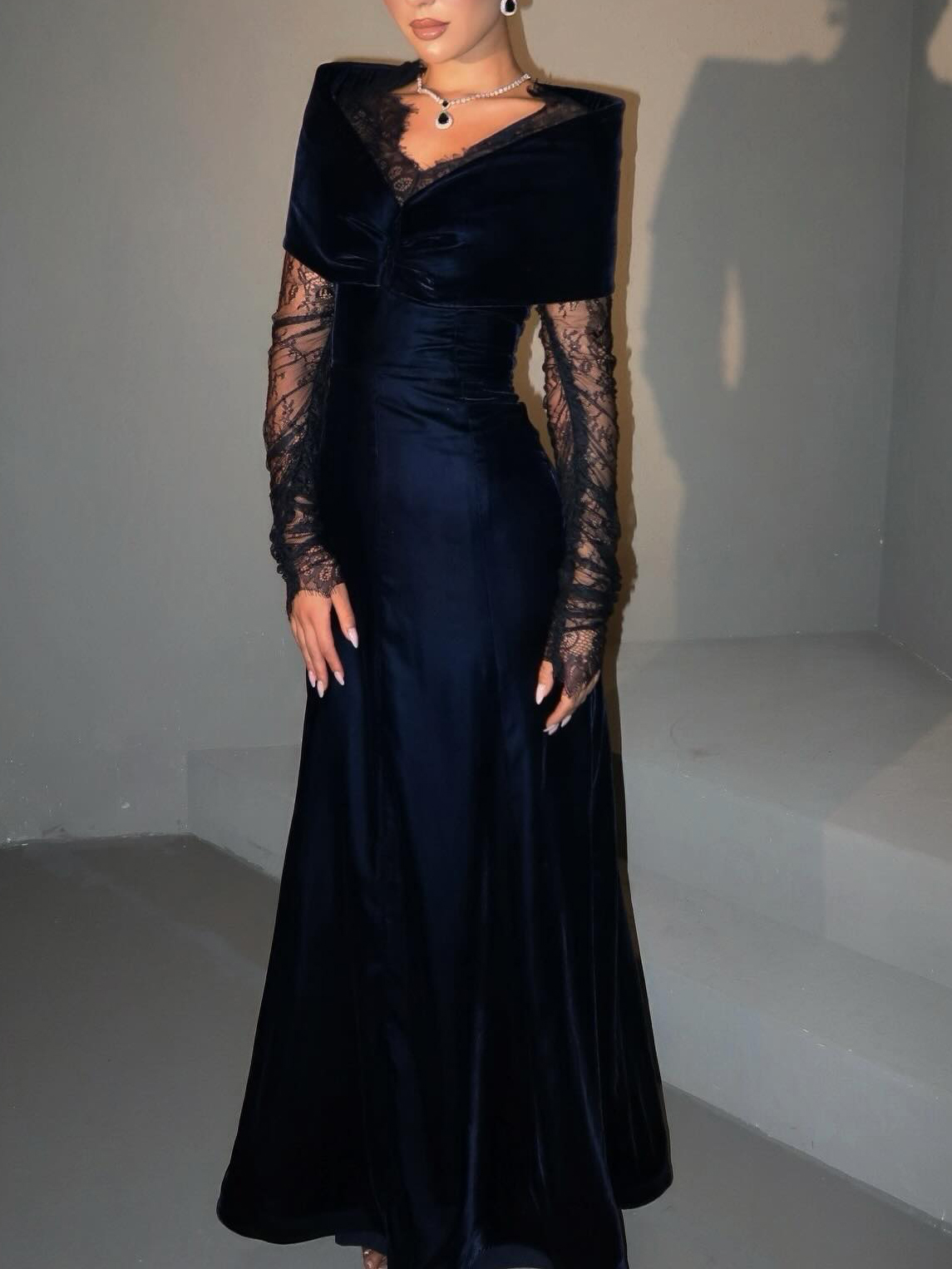 Navy Blue Velvet Lace Long Sleeve Gown Navy - Shop at LoveMi