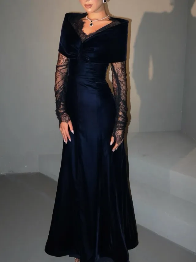Navy Blue Velvet Lace Long Sleeve Gown Navy Blue - Shop at LoveMi