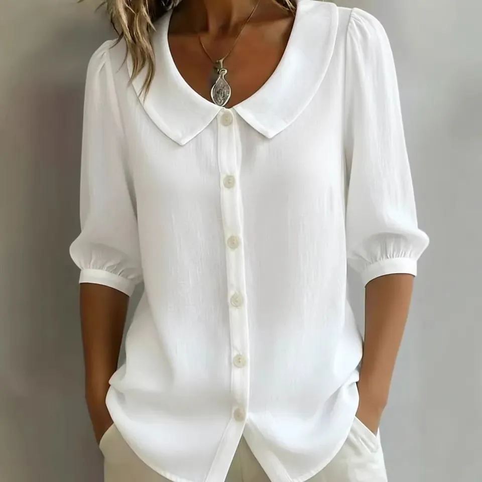 European And American Cross-border Designer-style Niche Commuter Linen New Short-sleeve Loose-collar Women's Summer Shirt