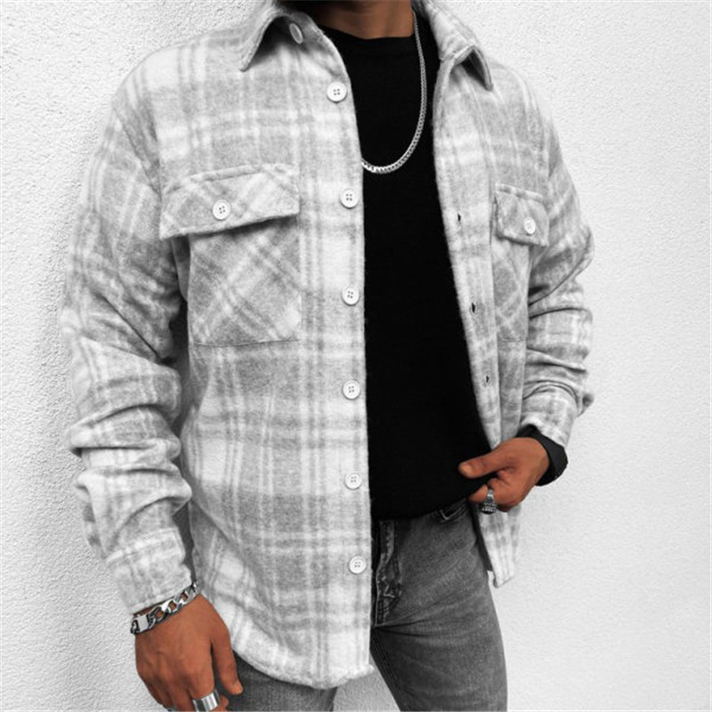 Men's Long-sleeved Shirt Lapel Double Pocket Flap Check