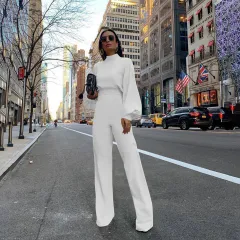 Women's Casual Pants Solid Color Turtleneck Backless Long Sleeve Jumpsuit - White - View 1
