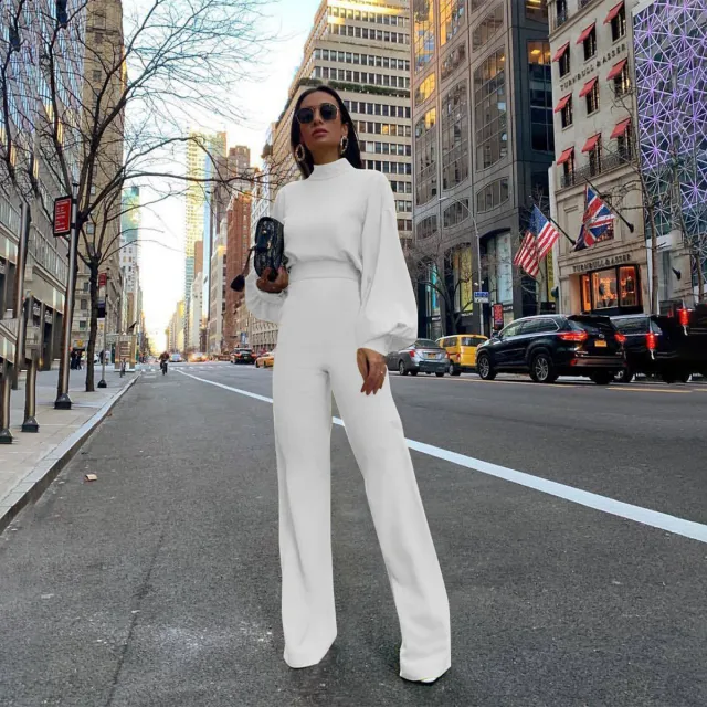 Women's Casual Pants Solid Color Turtleneck Backless Long Sleeve Jumpsuit White - Shop at LoveMi