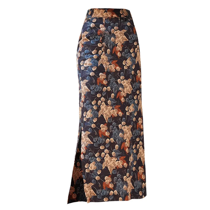 Acetate Satin Floral Pack Hip Skirt - Black