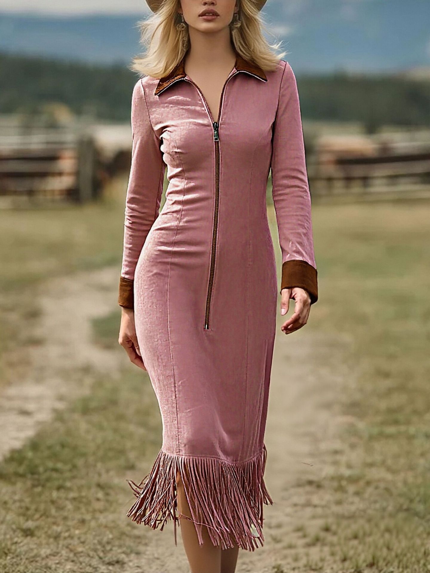 Western Cowboy Style Suede Tassel Slim Long Sleeve Dress