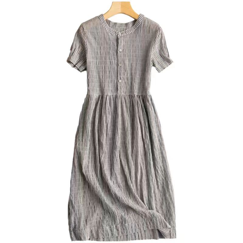 2026 Retro Striped Cotton Linen Dress, Women's Summer Short Sleeve Shirt Maxi Dress