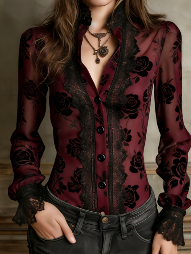 Women's Retro Sweet And Cool Style Lace Patchwork V-Neck Slim Fit Long Sleeve Shirt