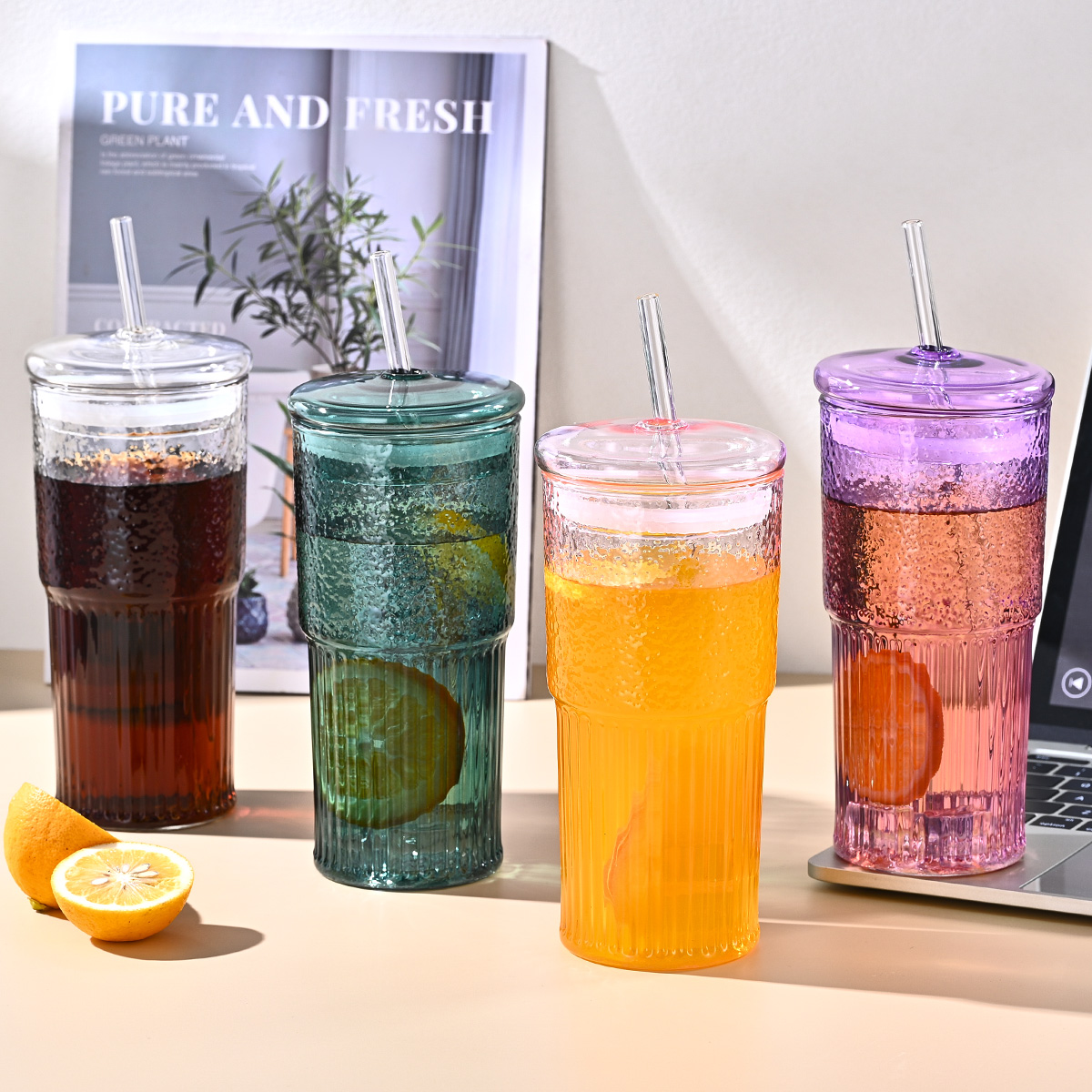 20 Oz 2-pack Pink Glass Straw Cup With Vertical Pattern Cup And Lid, High Borosilicate Heat-resistant Glass Cup For Juice, Milk And Cold Drinks