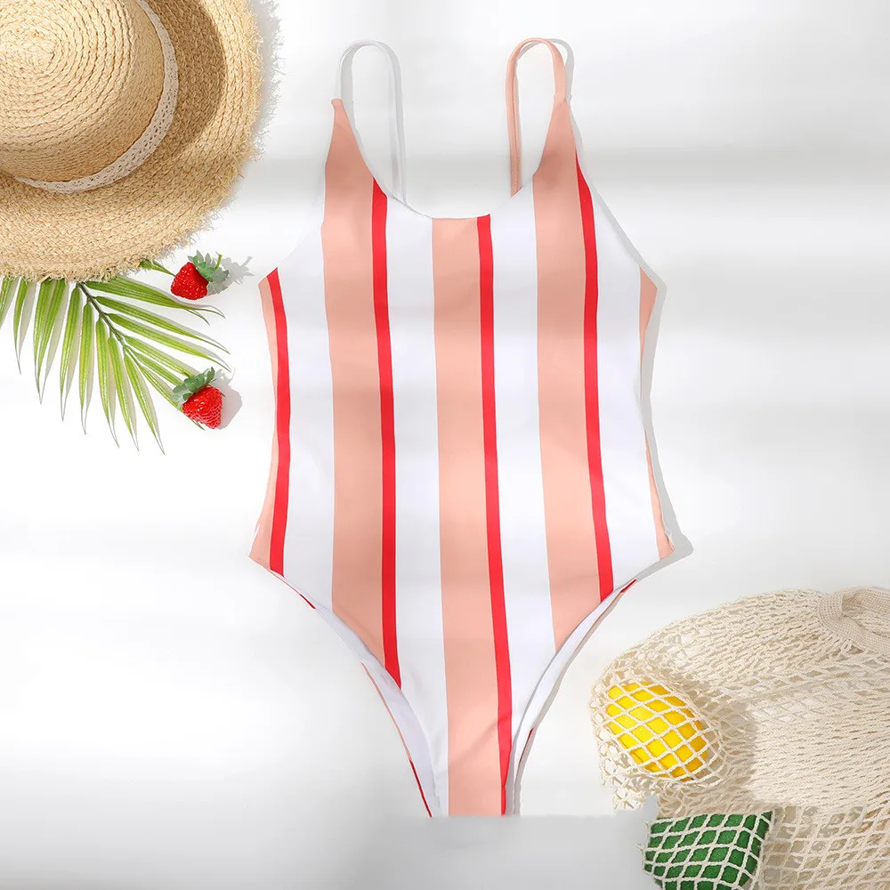 One-piece Bikini One-piece Swimsuit Striped Slimn - Pink