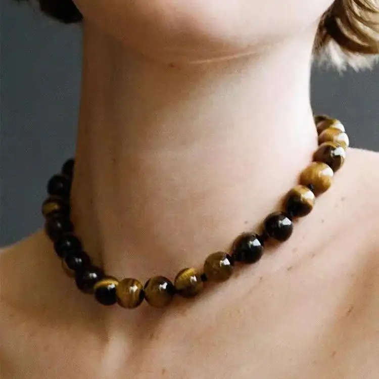 Cool Style Tigereye Beaded Couple Natural Round Beads Necklace