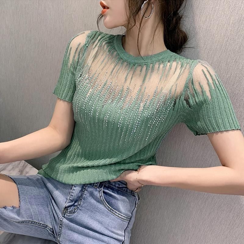 Title 6, All-match Ice Silk Knitted Mesh Hollow Lace Top