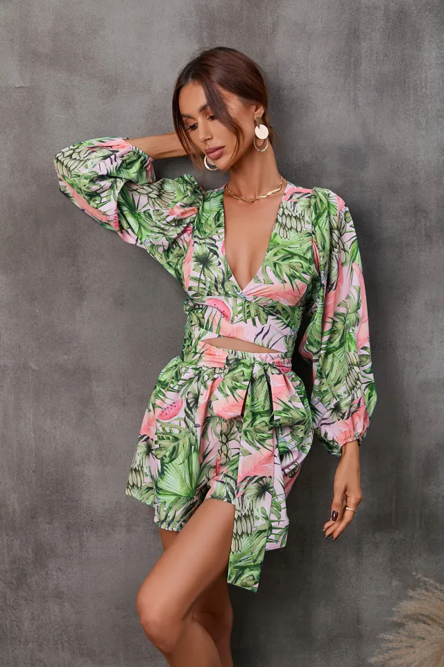 Women's Printed Lace Up Long Sleeve Jumpsuit Green - Shop at LoveMi
