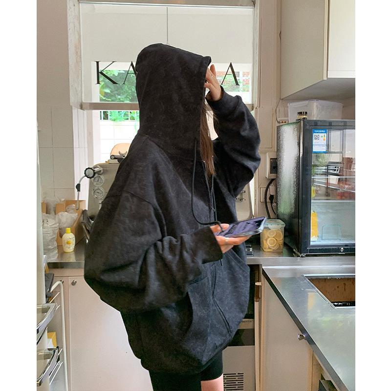 Grey Zip Cardigan Hooded Sweater Women's Loose Top