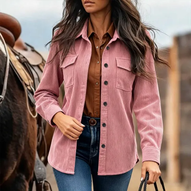 Women's Solid Color Corduroy Shirt Jacket, Classic Lapel Button Front Coat With Chest Pocket Dark Pink - Shop at LoveMi
