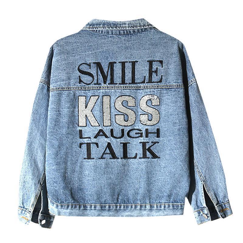 Bat sleeve Lettering Sequins Embroidered Loose Denim Jacket Blue - Shop at LoveMi