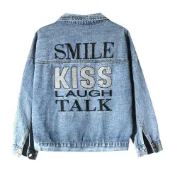 Bat-sleeve Lettering Sequins Embroidered Loose Denim Jacket - Blue - View 1