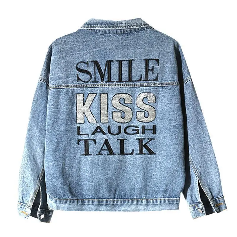 Bat-sleeve Lettering Sequins Embroidered Loose Denim Jacket - Blue