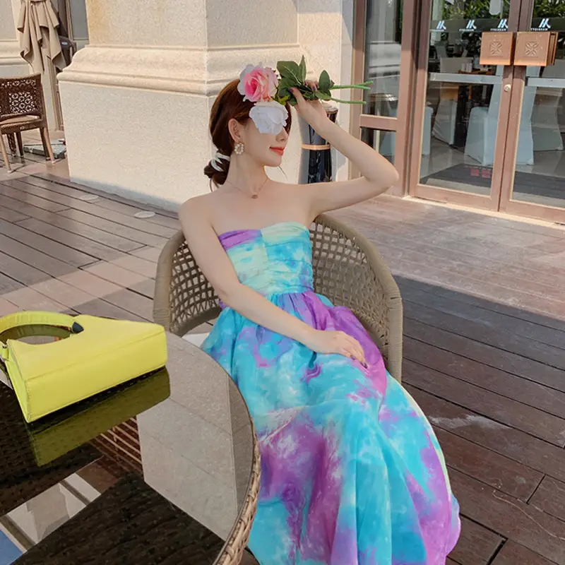 Women High Waist Slim A-line Tube Top Pleated Print Retro Hepburn Dress Long Skirt