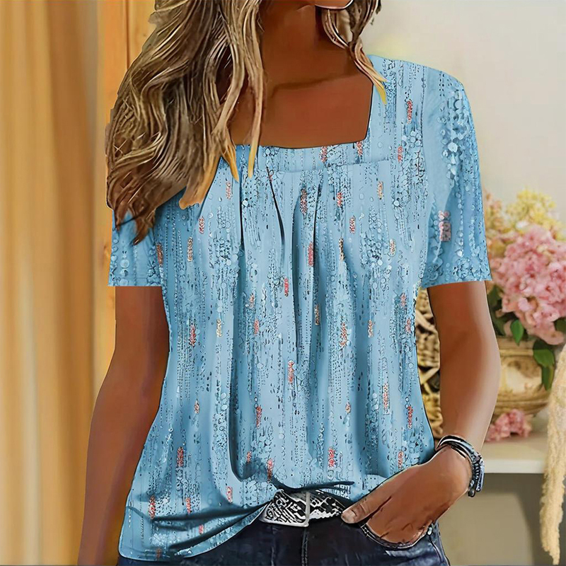 Women’s Casual Square Neck Glitter T-Shirt – Sparkling Short Sleeve Top With Printed Design, Vibrant Spring&Summer Fashion Tee