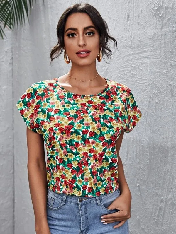 Spring And Summer New Round Neck Slim Floral Short Sleeves Yellow - Shop at LoveMi