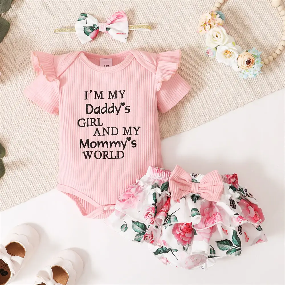 Girls' Three-piece Khaki Dress Set Printing