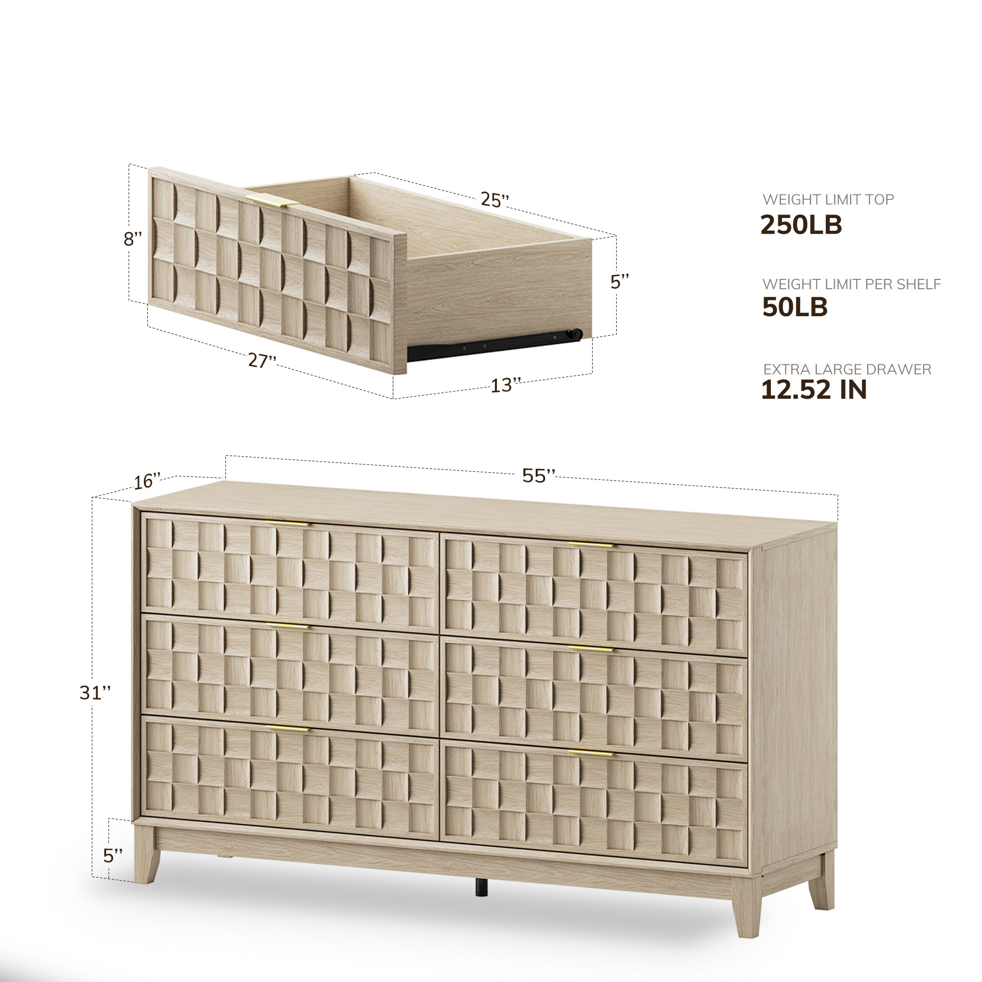 Modern Wooden 6 Drawer Dresser 55in, Side Board Buffet Storage Cabinet, Accent Cabinet With Metal Handles, Oak