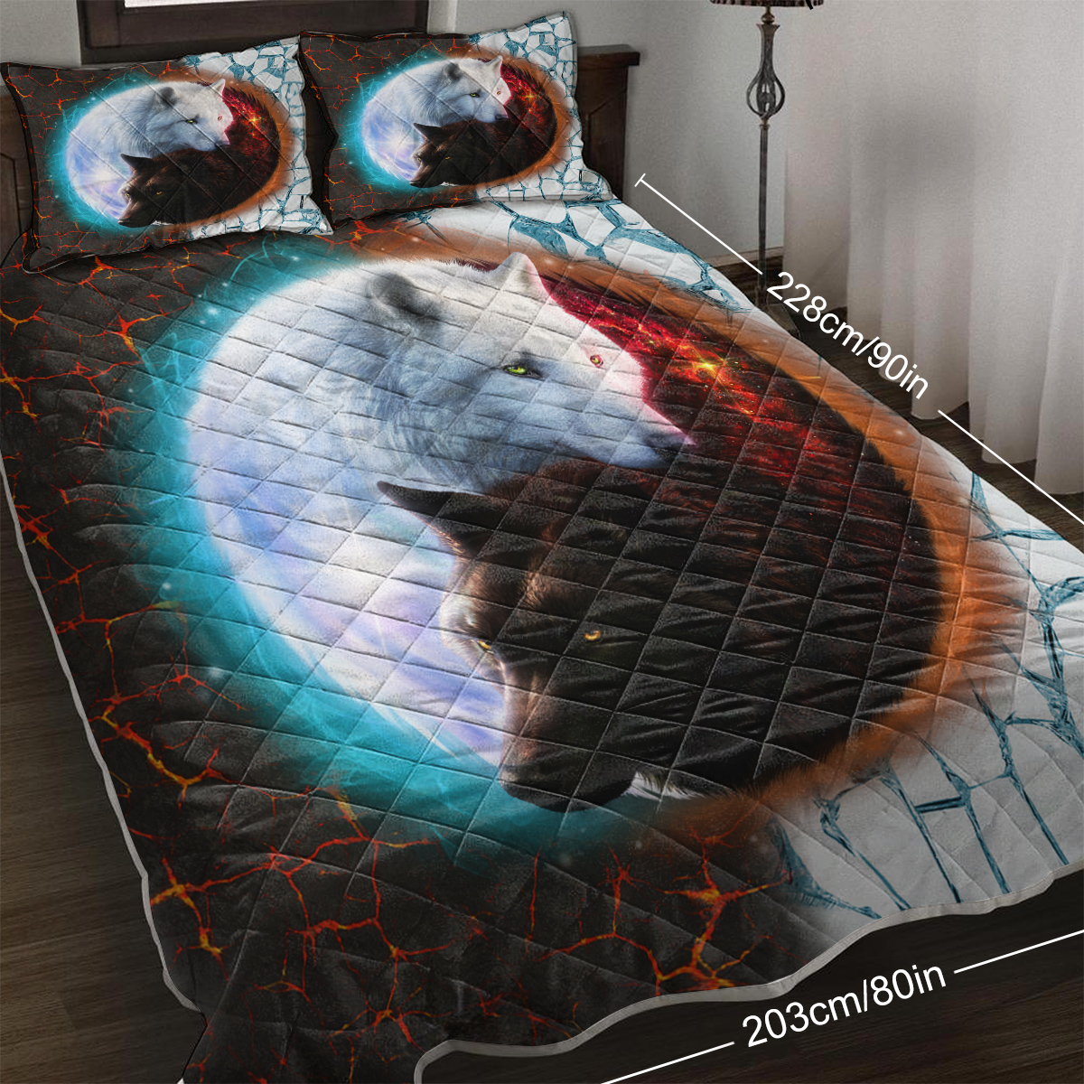 Tai Chi Wolf Quilt Set, Safari Animals Black White Quilt Bedding Set With 2 Pillowcases, Traditional Chinese Paint Graffiti Red Blue Bedding Set