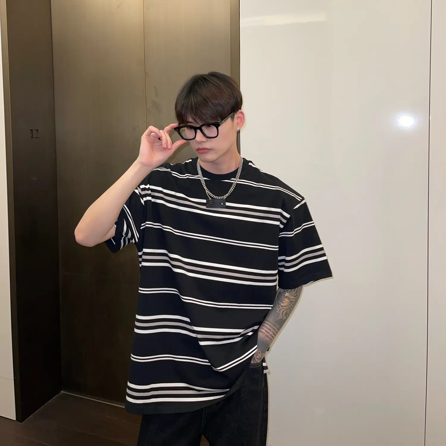 Men's Loose Casual Cotton Shoulder Pads Striped Short Sleeves