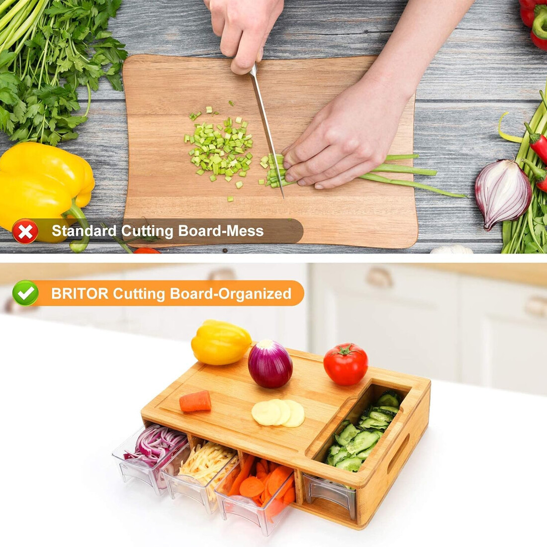 Chopping Board With Containers, Large Bamboo Cutting Board