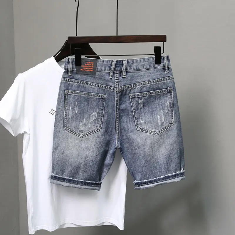 ClipsePrinted Denim Shorts Men's Summer Thin Section Light Color Slim Tide Brand Hole