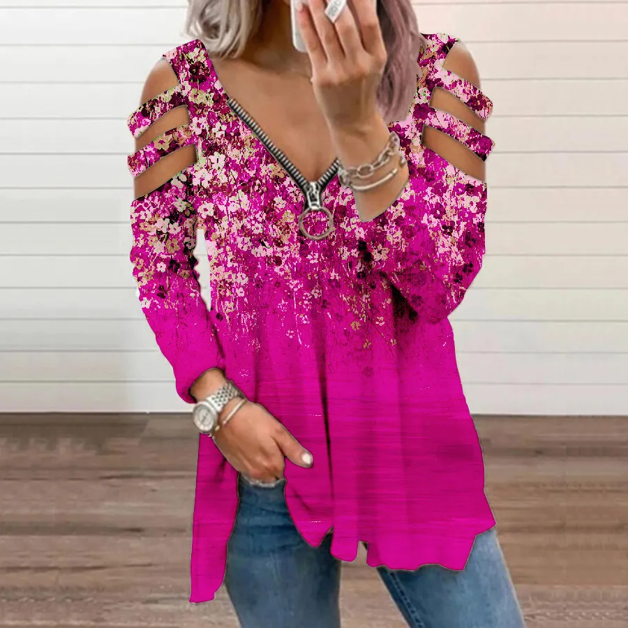 Small Floral V-neck Zipper Off-shoulder Long-sleeved Top - Red