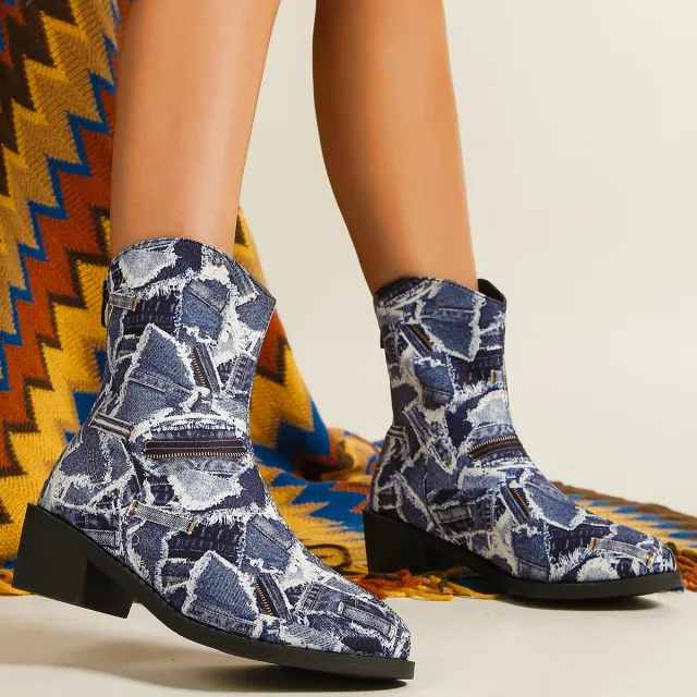 Patchwork Denim Boots Fashion Autumn And Winter Outerwear Round Toe Square Heel Shoes With Back Zipper Casual Cowboy Boots Blue - Shop at LoveMi