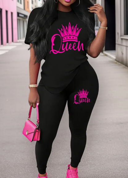 Women's  Printed Round Neck T-Shirt And Leggings Set