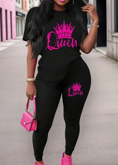 Women's Printed Round Neck T Shirt And Leggings Set Black - Shop at LoveMi