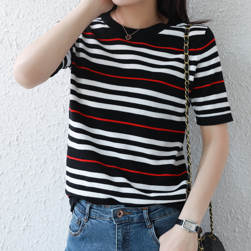 Cotton T-shirt Women's Round Neck Summer Short Sleeve Loose Knit Thin Striped Contrast Color Base Shirt Top