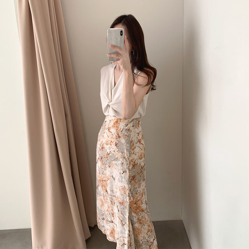 Vintage Chiffon Oil Painting Floral Skirt