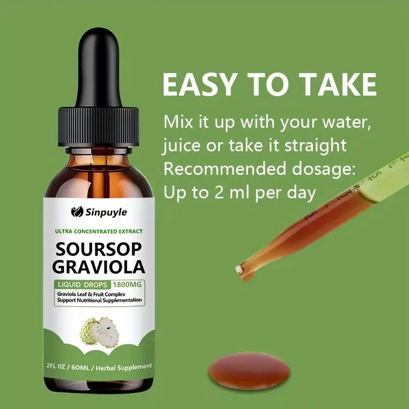 Soursop Graviola 1800mg Ultra Concentrated Liquid Drops - Leaf & Fruit Herbal Supplement, Immune Support, 60ml — view 6