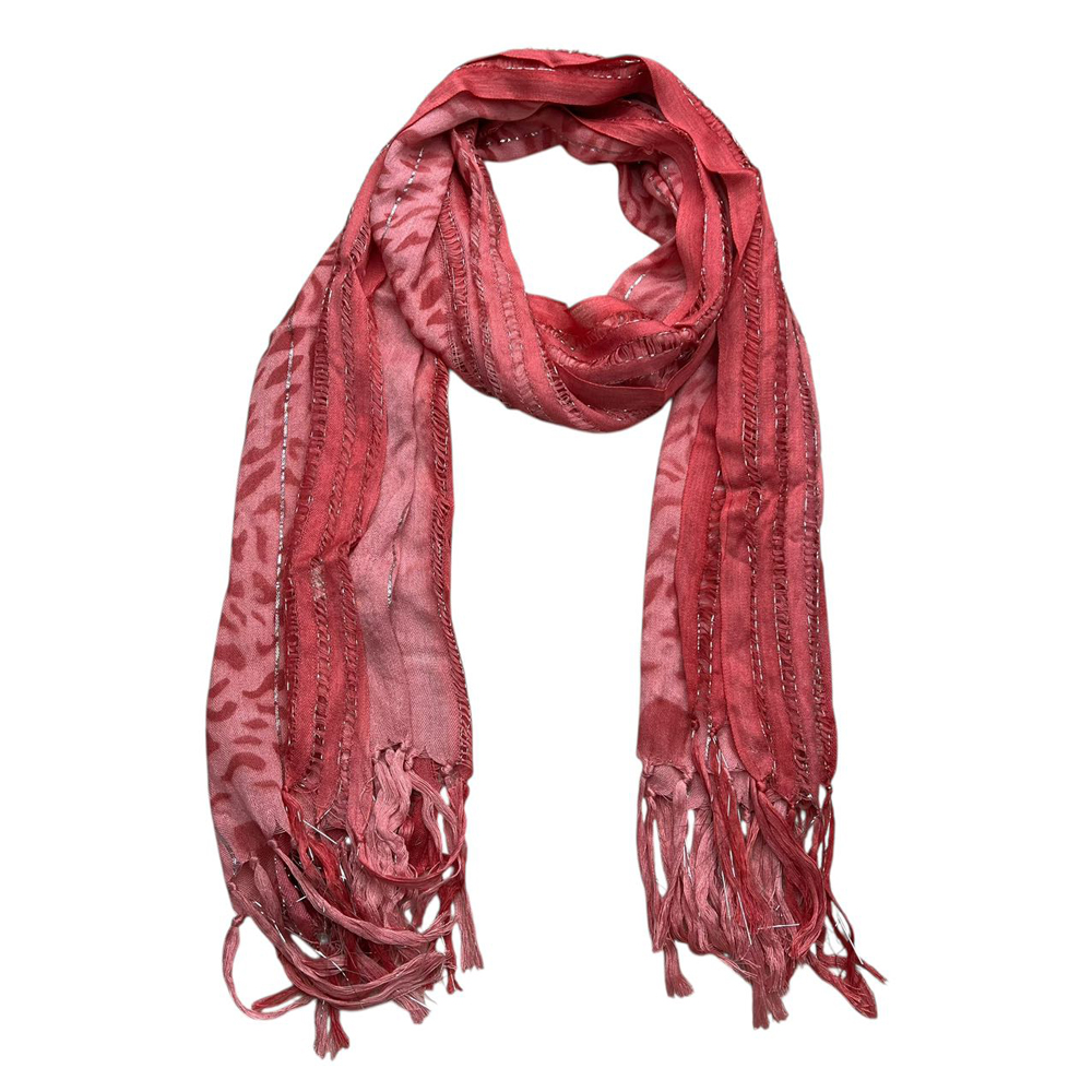 Pink Leopard Viscose Scarf With Metallic Threads - Long Boho Scarf 67inchx24inch - Women's Clothing
