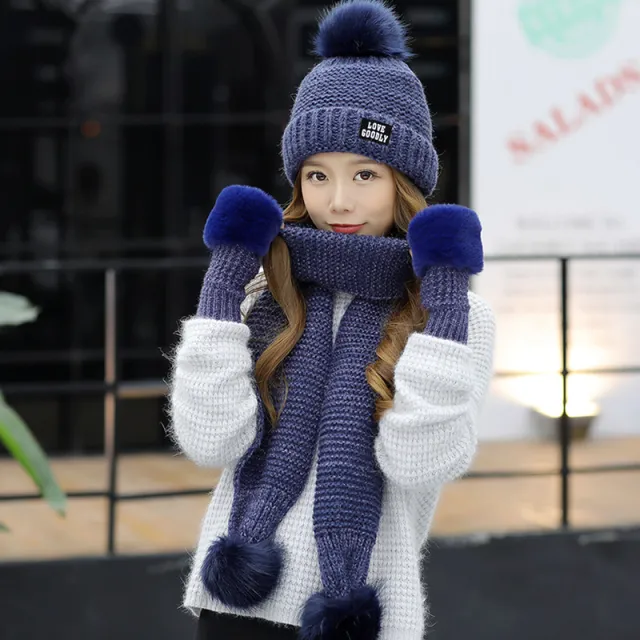 Wool Hat Scarf Gloves Three piece Female Winter Korean Version Navy Blue - Shop at LoveMi