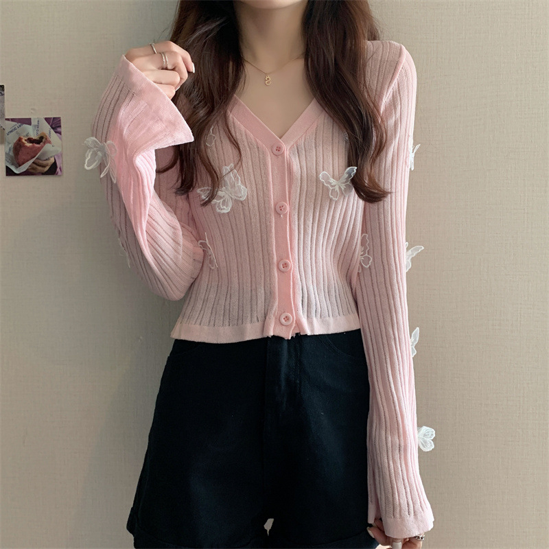 Bowknot V-neck Sun Protection Cardigan Women's Short Long-sleeved Sweater