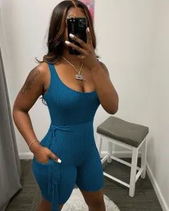 Dames Effen Kleur Pit Strip Strakke Jumpsuit Met Korte Mouwen - Blue - View 1