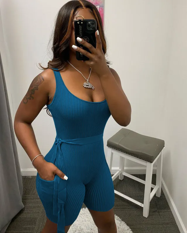 Dames Effen Kleur Pit Strip Strakke Jumpsuit Met Korte Mouwen Blue - Shop at LoveMi