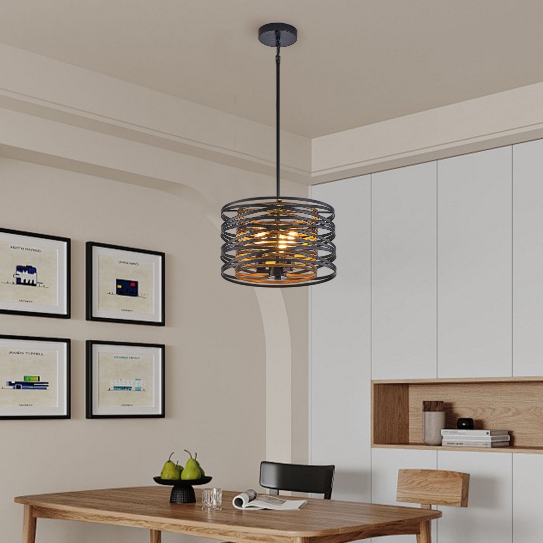 13 Rustic Industrial Pendant Light, 3-Light Black And Walnut Metal Cage Chandelier With Wood Accents For Kitchen Island And Dining Room No Bulbs