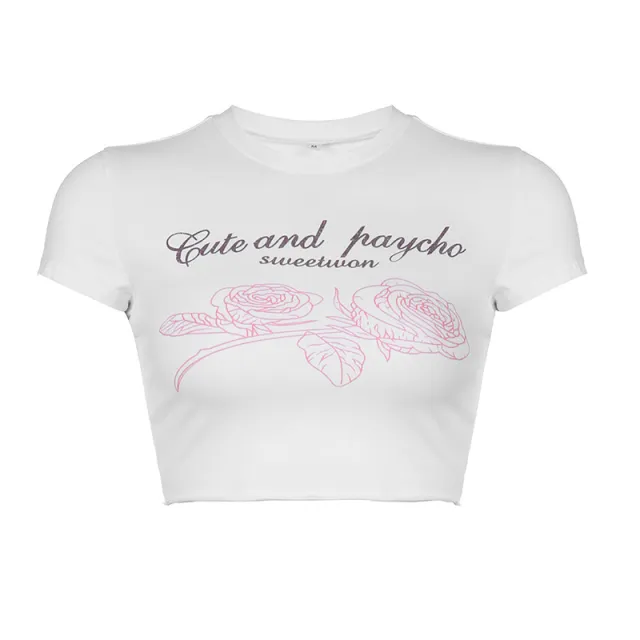 Tight Spicy Girl Letter Rose Print Short T shirt White - Shop at LoveMi