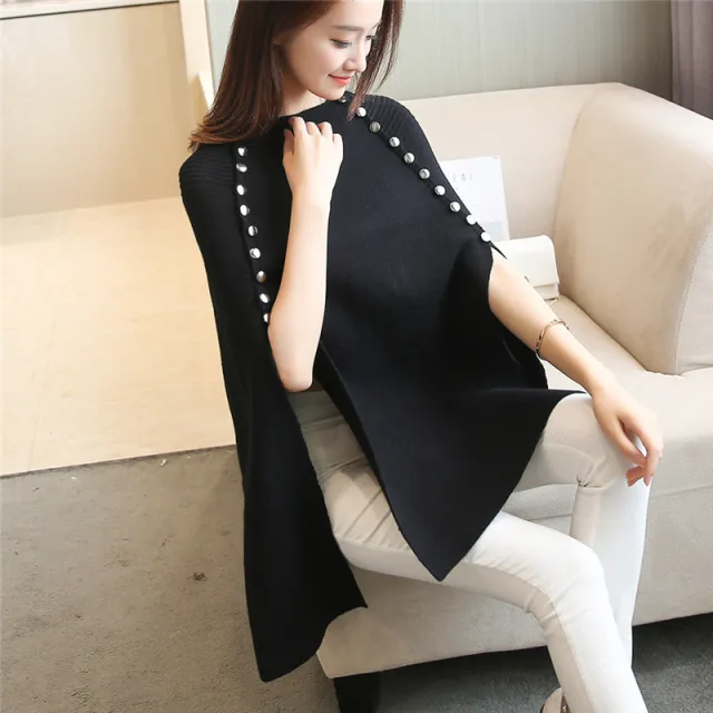 Mid length Buttoned Cloak Pullover Sweater Irregular Black - Shop at LoveMi