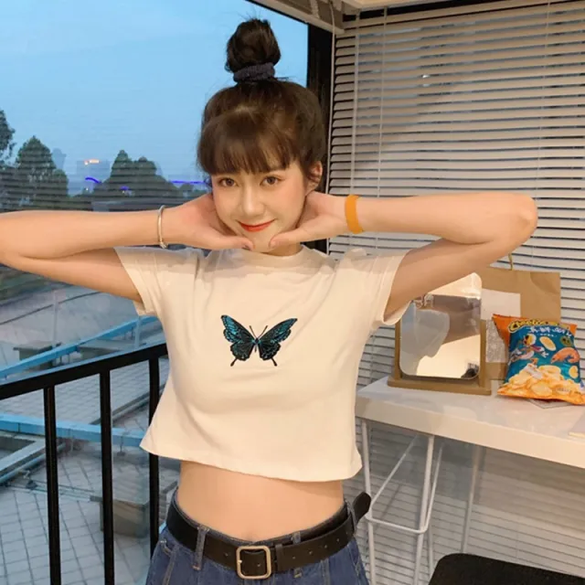 White Short sleeved Butterfly T shirt Women's New Summer Net Red High waist Navel Tight fitting Bm Short Top White - Shop at LoveMi