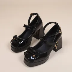 Platform Boots Mary Janes Ankle Strap Chunky Heel Uniform Dress Pumps Shoes - Black - View 1