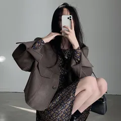 Temperament Retro V-neck One-button Loose All-match Casual Jacket - Coffee - View 1