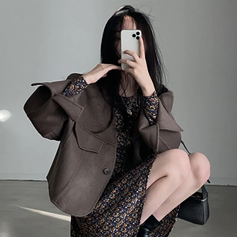 Temperament Retro V-neck One-button Loose All-match Casual Jacket - Coffee