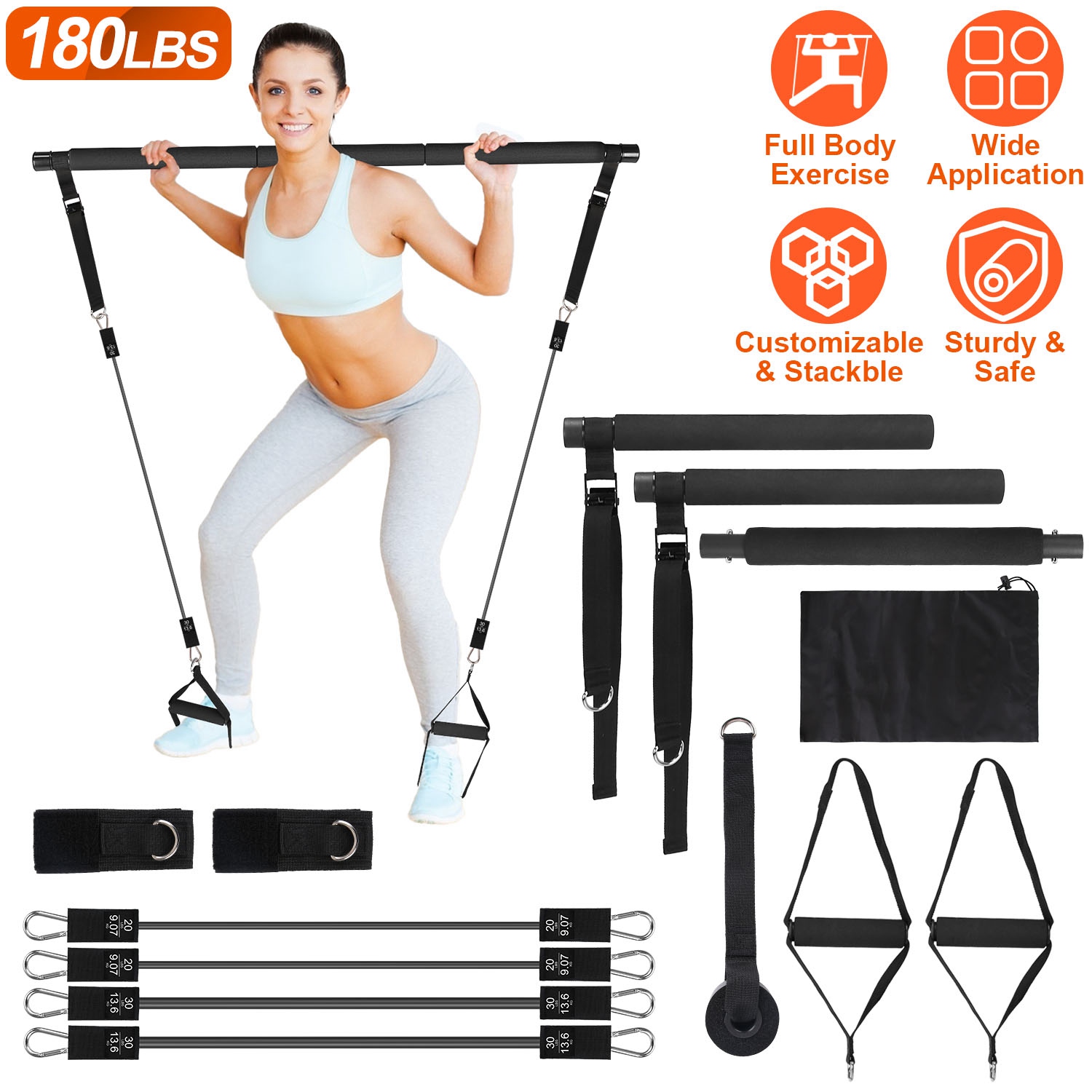 100LBS OR 180LBS Band Options - 1Pc Pilates Bar Kit Multifunctional Pilates Yoga Toning Bar Full Body Exercise Equipment Set For Beginners Intermediates Professionals 4 Elastic Resistance Bands — foto 13
